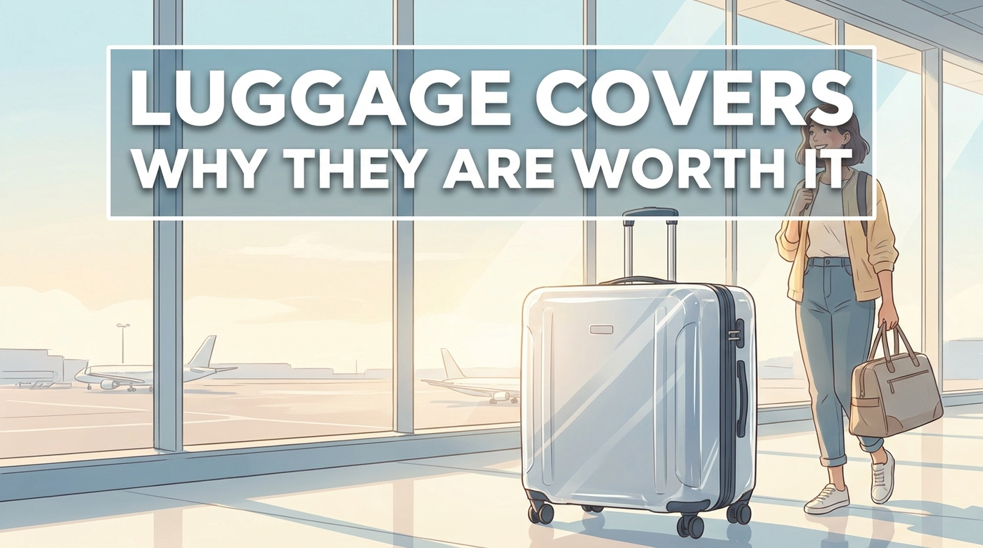 A suitcase wrapped in a protective luggage cover standing in a sunny airport terminal