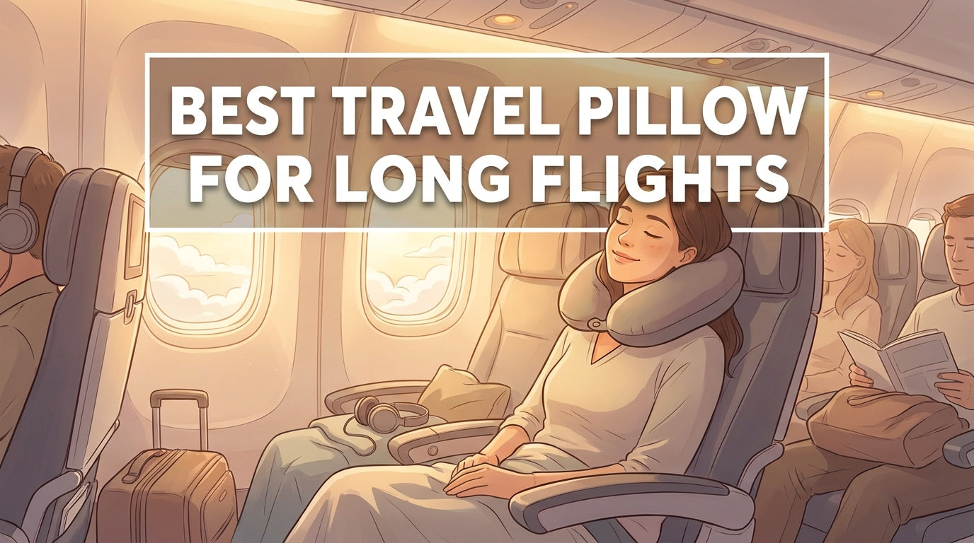 Traveller sleeping comfortably with a memory foam neck pillow on a long-haul flight
