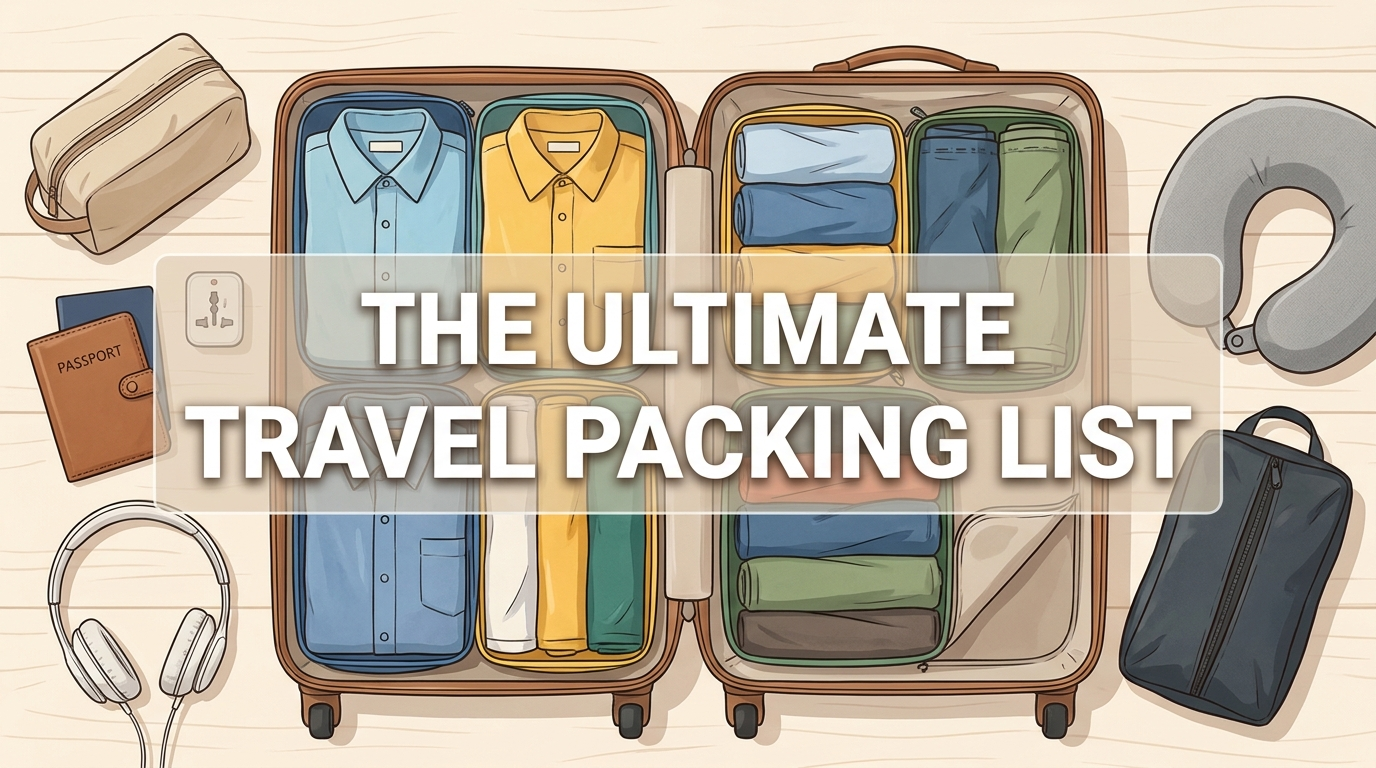 An organised open suitcase with clothes in packing cubes and travel essentials laid out, illustrating the ultimate travel packing list