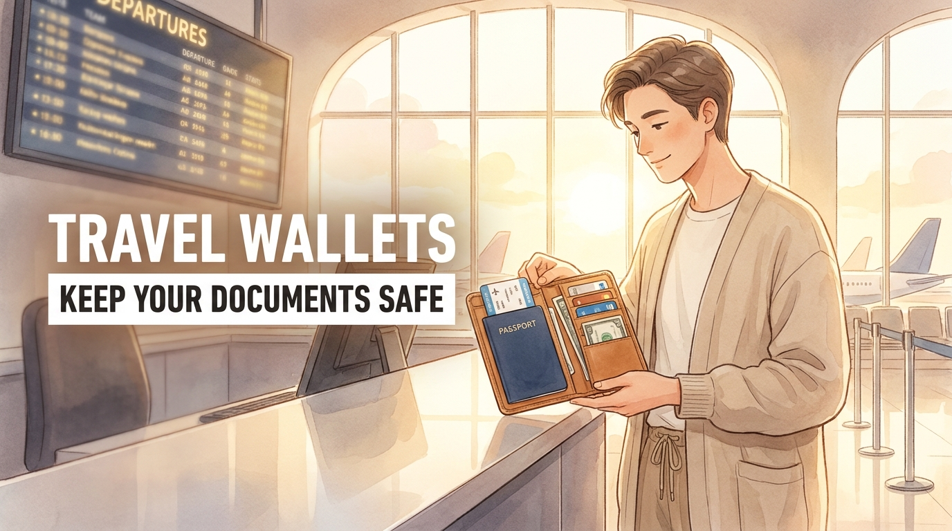 A traveller opening a travel wallet holding a passport, boarding pass and cards at an airport check-in desk