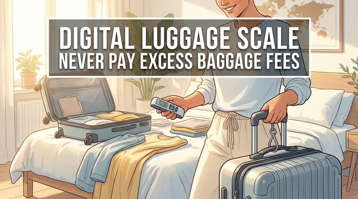 Person weighing a packed suitcase at home with a handheld digital luggage scale
